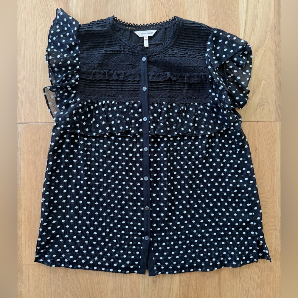 Rebecca Taylor Black Polka Dot Ruffle Short-Sleeve Blouse